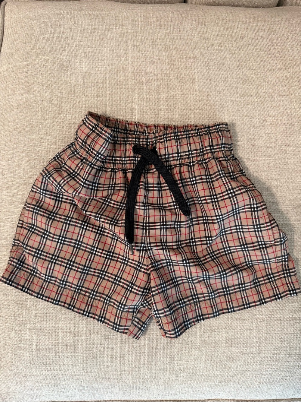 Burberry Kids Swim Trunks in Beige Plaid with Black Drawstring